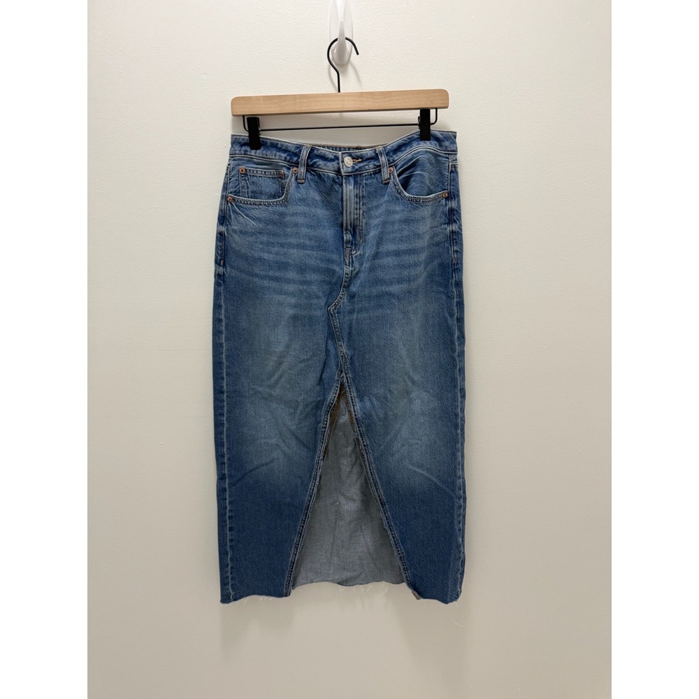 American Eagle Womens Denim Midi Skirt Blue High Rise Front Slit Raw Hem Size 8